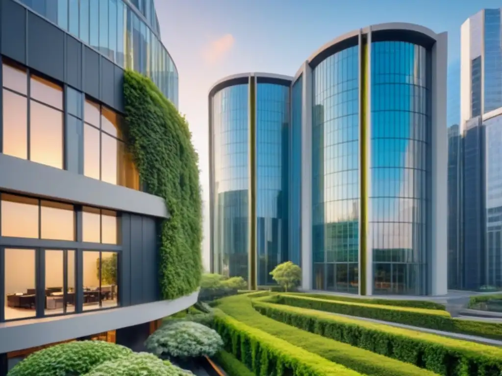 Oficina moderna en entorno urbano y natural Un edificio de oficinas moderno rodeado de vegetación exuberante y una ciudad vibrante al fondo