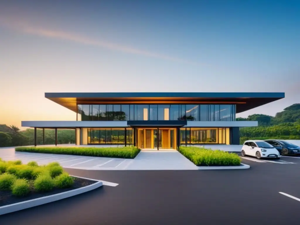 Edificio sostenible en armonía con la naturaleza al atardecer Un edificio de oficinas moderno rodeado de vegetación, con paneles solares en el techo y estaciones de carga para vehículos eléctricos