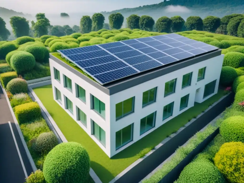 Edificio ecoamigable: diseño moderno y sostenible en entorno verde Edificio de oficinas moderno rodeado de vegetación exuberante, con paneles solares, ventanas eficientes y sistema de recolección de agua de lluvia