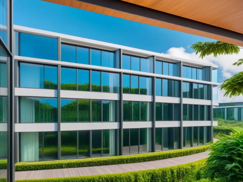 Edificio de oficinas moderno y lujoso con paneles solares integrados Edificio de oficinas moderno rodeado de vegetación exuberante, con paneles solares integrados