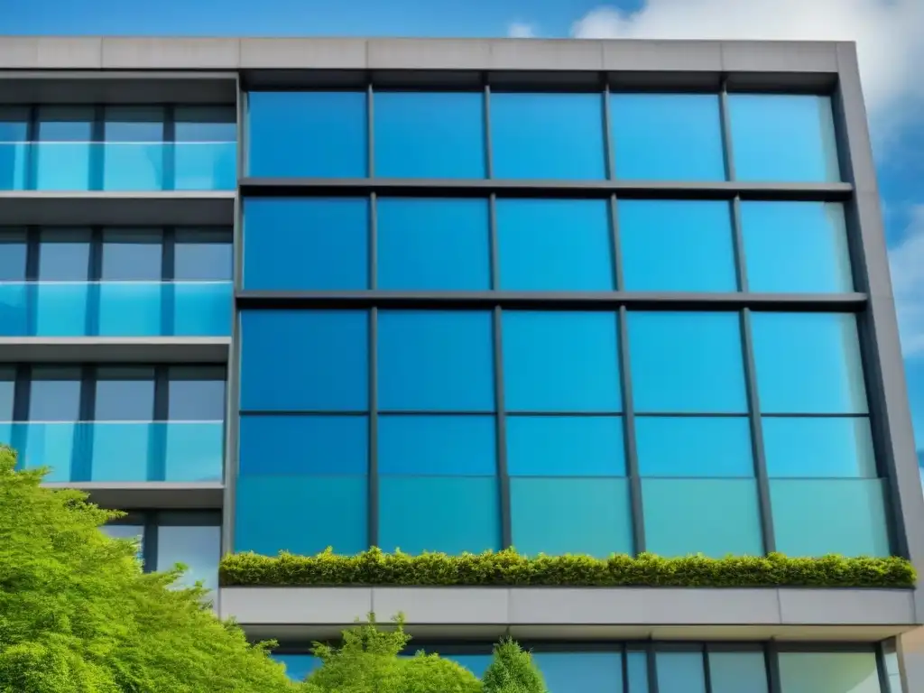 Edificio de oficinas moderno reflejando la ciudad y naturaleza Un edificio de oficinas moderno rodeado de vegetación, reflejando la ciudad