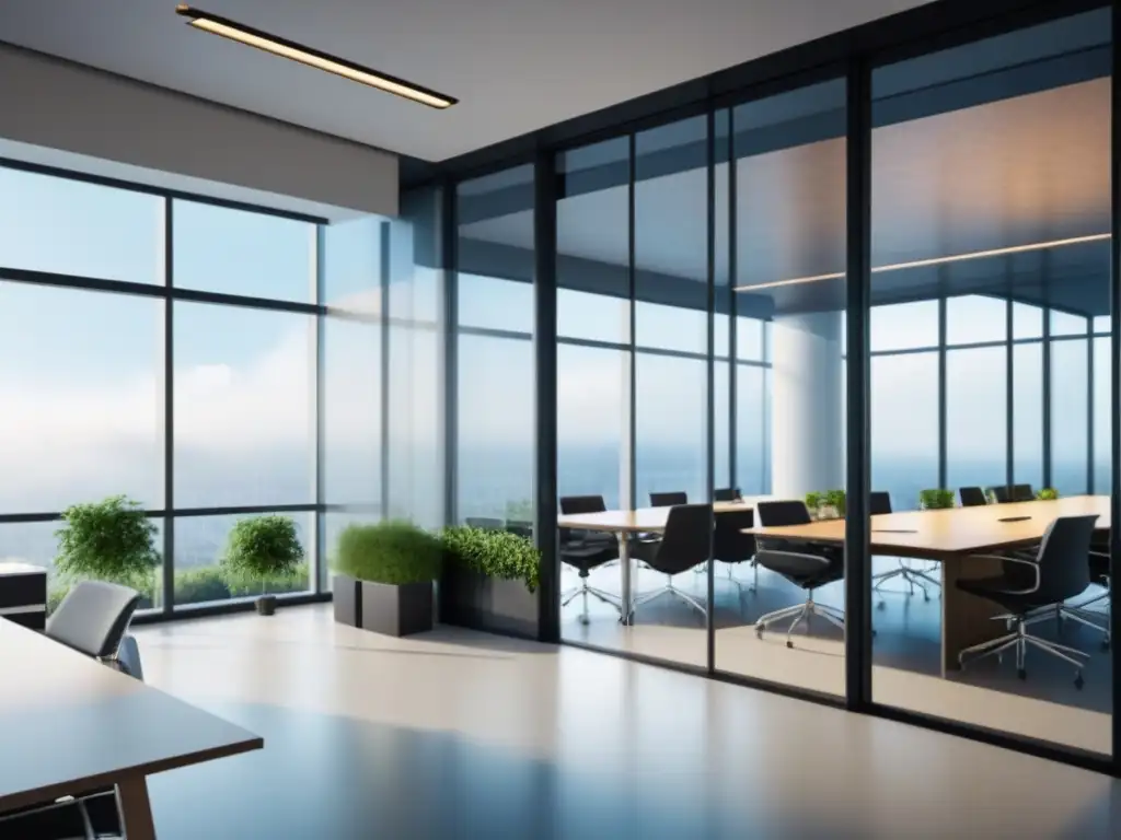 Edificio corporativo vanguardista: innovación y colaboración Un edificio de oficinas moderno y sofisticado con paredes transparentes, lleno de profesionales en reuniones