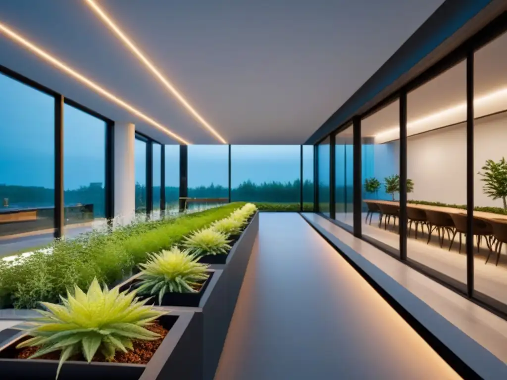 Edificio sostenible LEED: innovación y elegancia verde en la arquitectura Edificio de oficinas moderno con certificación LEED valor proyectos inmobiliarios, iluminado por la noche con plantas verdes en primer plano