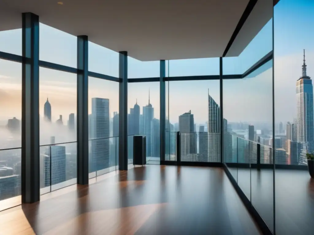 Edificio de oficinas moderno en distrito financiero vibrante Un edificio de oficinas moderno con ventanales de piso a techo reflejando un vibrante paisaje urbano, mostrando un bullicioso distrito financiero con profesionales vestidos de negocios caminando con propósito en las aceras
