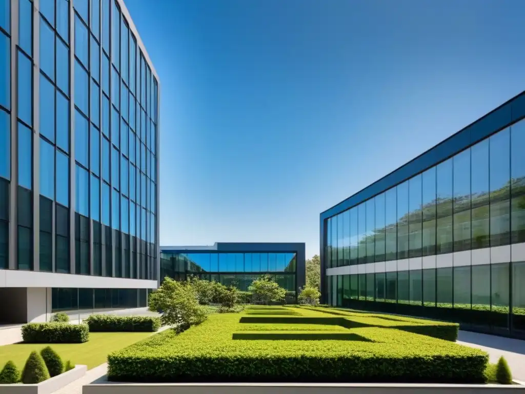 Edificio moderno con diseño contemporáneo y vista al cielo azul Edificio de oficinas moderno con ventanales y reflejos del cielo azul, rodeado de vegetación