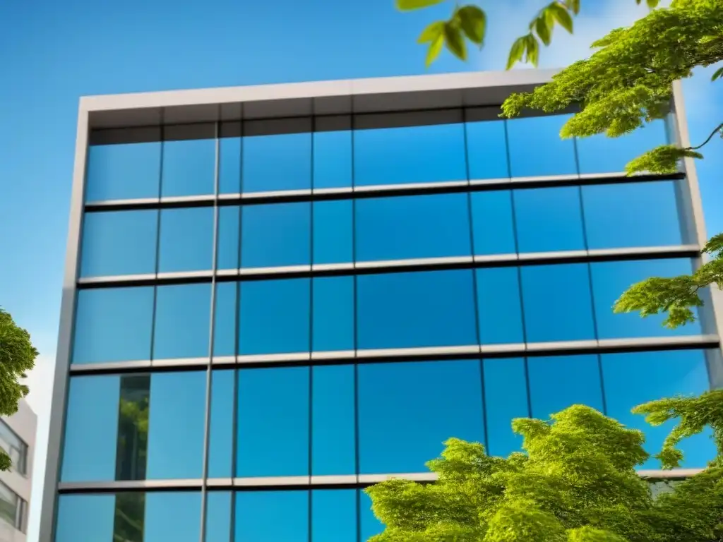 Edificio de oficinas moderno: transparencia y crecimiento Edificio de oficinas moderno con ventanales de piso a techo, reflejando un cielo azul y rodeado de vegetación exuberante, simbolizando transparencia y crecimiento en inversión inmobiliaria