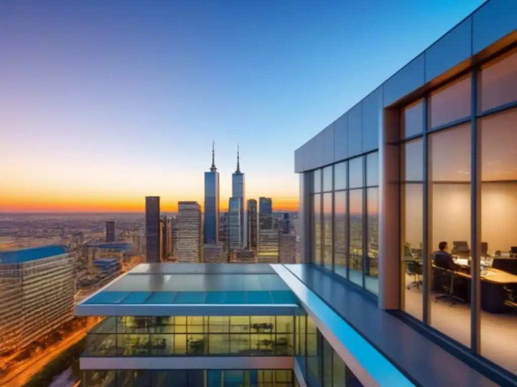 Edificio de oficinas moderno con vistas a la ciudad al atardecer Un edificio de oficinas moderno con ventanas de piso a techo refleja un vibrante paisaje urbano al atardecer, rodeado de actividad comercial