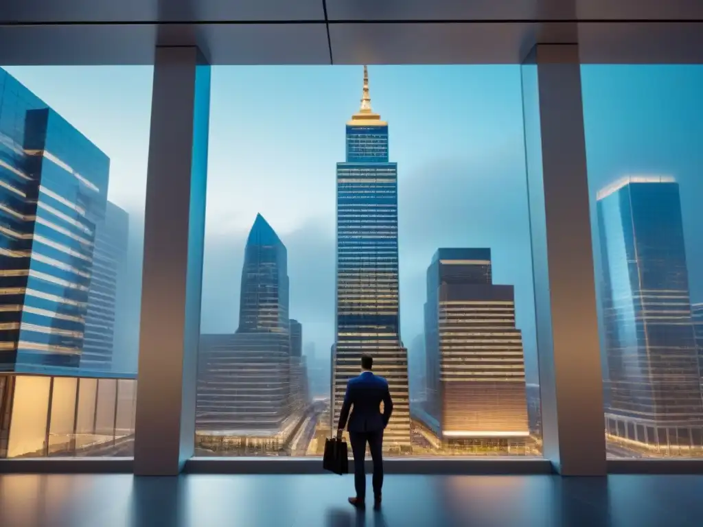 Edificio moderno y exitoso en la ciudad: inversión REIT Edificio de oficinas moderno con ventanas de piso a techo reflejando la ciudad, ideal para análisis técnico de REITs inmobiliarios