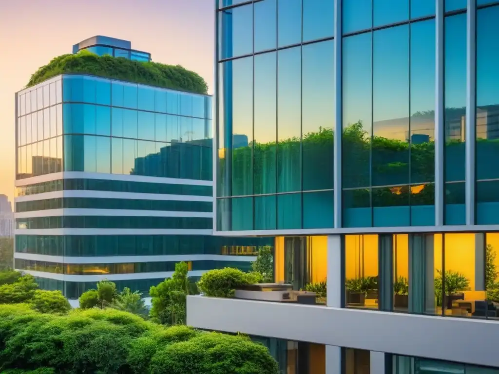 Edificio de oficinas moderno reflejando la ciudad al atardecer Edificio de oficinas moderno con vistas a la ciudad al atardecer, rodeado de vegetación exuberante y cielo azul