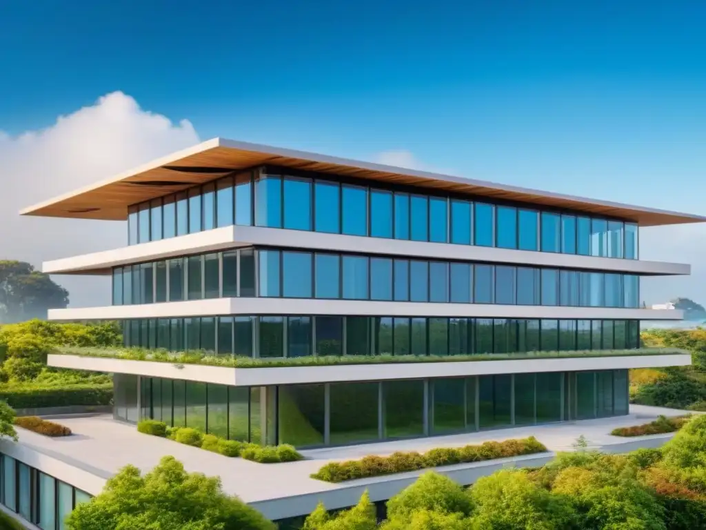 Edificio sostenible con paneles solares y certificación LEED Edificio de oficinas sostenible con paneles solares, certificación LEED y entorno verde