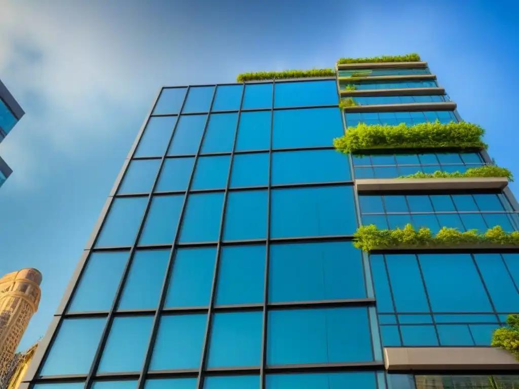 Edificio moderno con vegetación, innovación en la ciudad Un edificio de oficinas ultramoderno con líneas geométricas elegantes y ventanales de piso a techo, reflejando el vibrante paisaje urbano que lo rodea