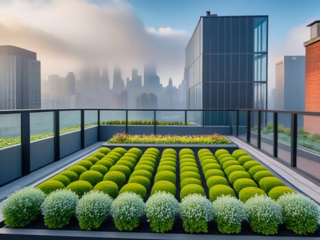 Renovación urbana: edificio vanguardista con jardín en la azotea Edificio renovado con jardín en la azotea, rodeado de una ciudad moderna