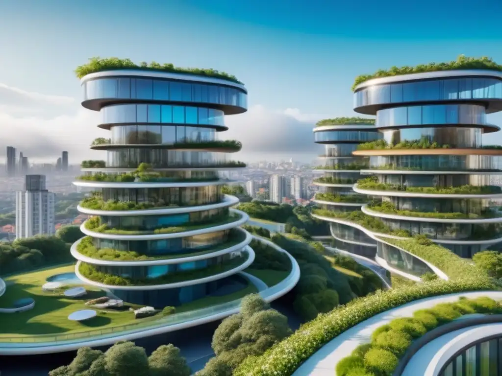 Edificio residencial futurista: innovación y sostenibilidad en la ciudad Edificio residencial futurista con arquitectura curva y ventanas transparentes, reflejando una ciudad vibrante