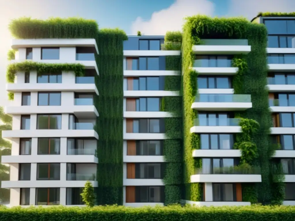 Edificio residencial futurista con diseño innovador y ecoamigable Edificio residencial futurista con diseño innovador y elementos sostenibles, rodeado de naturaleza y paisajismo urbano moderno