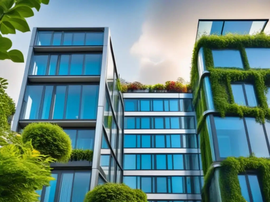 Arquitectura futurista sostenible con paneles solares y jardines verticales Un edificio residencial futurista con hipotecas basadas en ingresos futuros, rodeado de naturaleza y comunidad activa