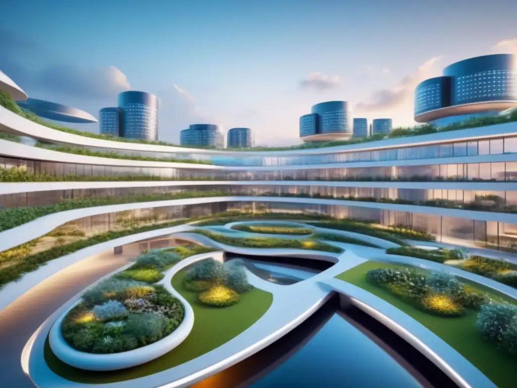 Edificio futurista con energía renovable y jardines en la azotea Un edificio residencial futurista con tecnología avanzada y jardines en la azotea, reflejando una ciudad vibrante