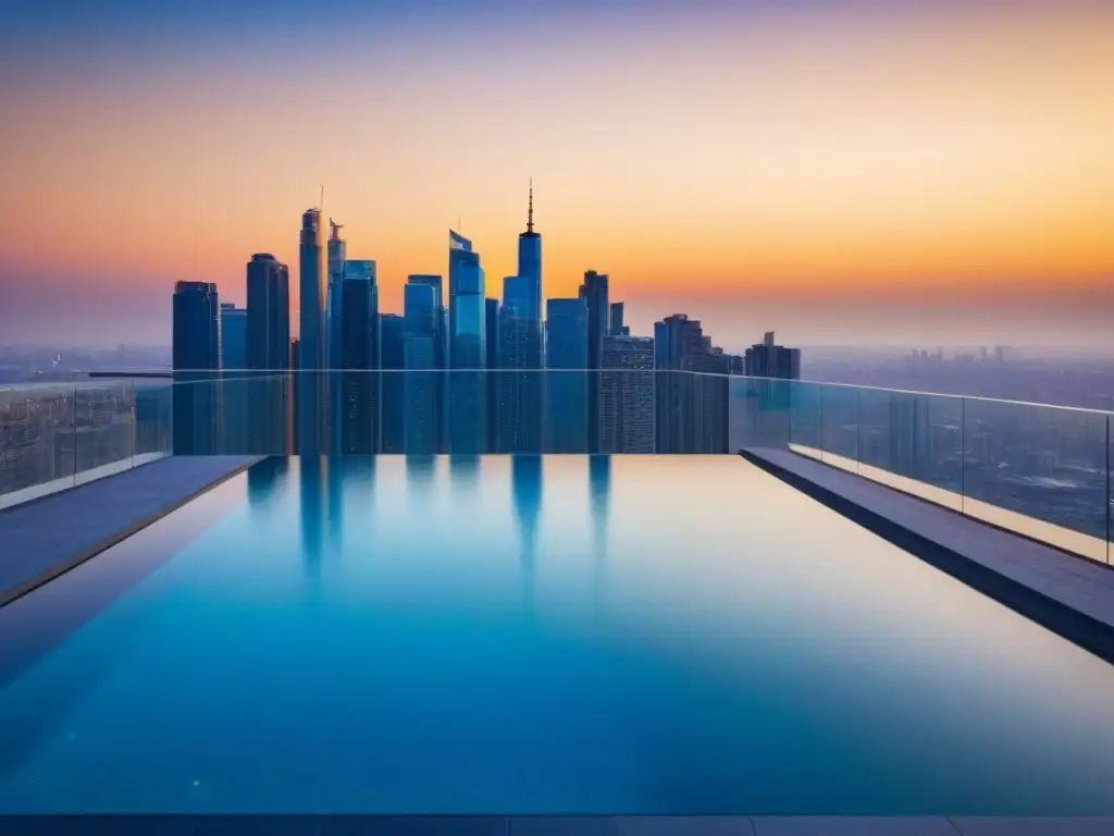 Edificio residencial de lujo con piscina en la azotea al atardecer Edificio residencial de lujo con vistas a la ciudad, piscina infinita en la azotea al atardecer