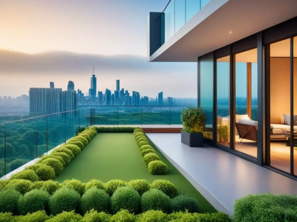 Arquitectura contemporánea: Edificio residencial con terraza en la ciudad Edificio residencial moderno con diseño arquitectónico elegante y terraza en la azotea, rodeado de naturaleza y ciudad