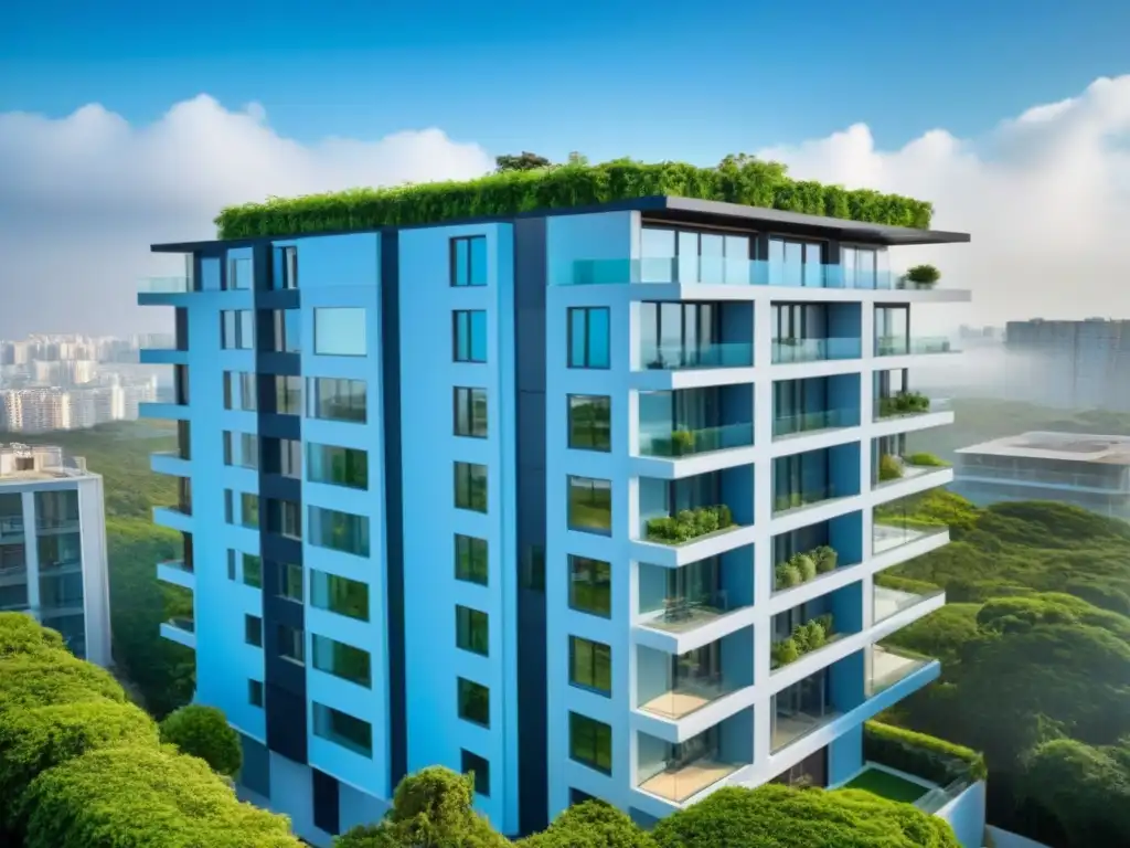 Edificio residencial de lujo con diseño sostenible y moderno Edificio residencial moderno con diseño elegante, terraza en la azotea y áreas verdes