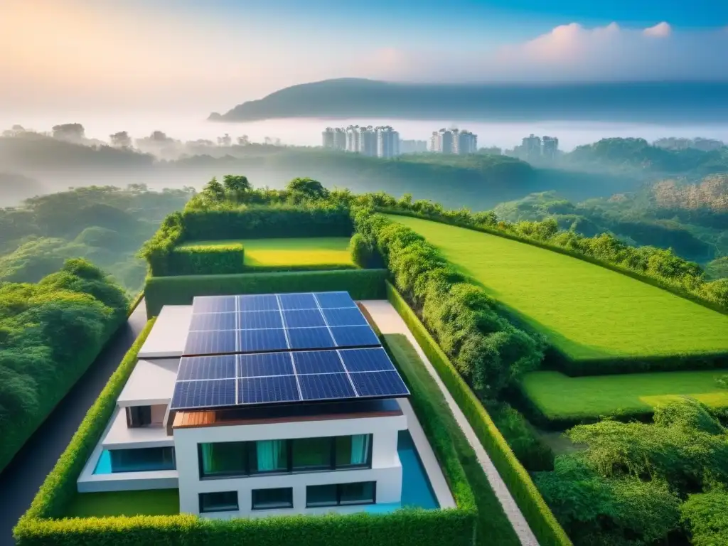 Edificio residencial sostenible: lujo verde y moderno Edificio residencial moderno y lujoso con paneles solares, rodeado de vegetación exuberante y cielo azul