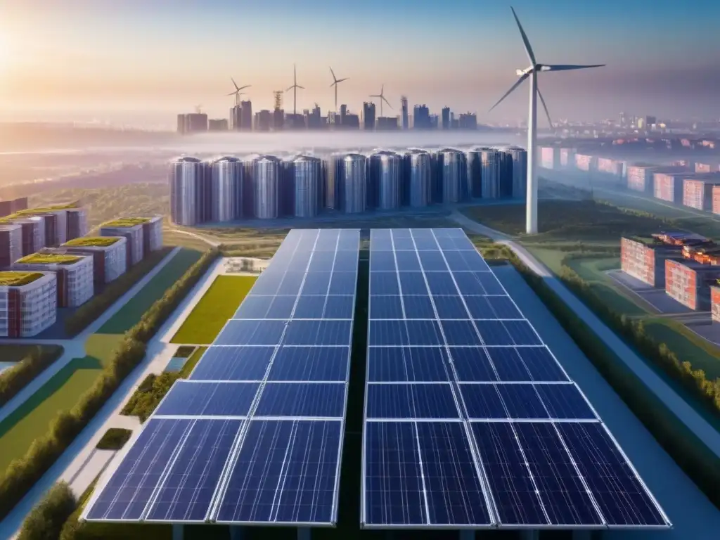Edificio moderno con paneles solares en ciudad verde Edificio residencial moderno con paneles solares en una ciudad vibrante, destacando la integración de energías renovables en proyectos inmobiliarios