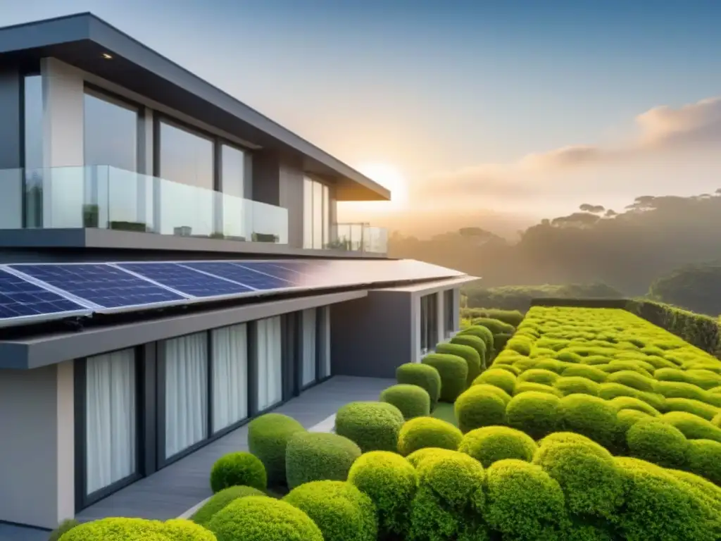 Edificio residencial sostenible con paneles solares y jardines verdes Edificio residencial moderno con paneles solares, ventanas eficientes y paisajismo verde