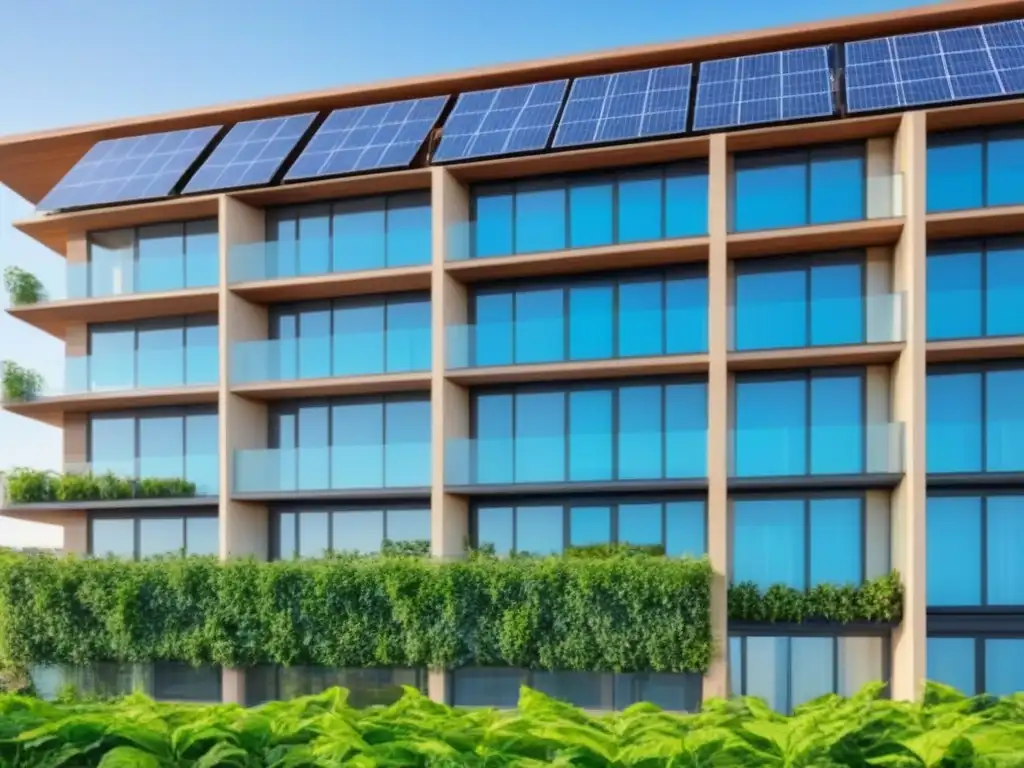 Edificio residencial de lujo con energía solar y jardín sostenible Edificio residencial moderno rodeado de vegetación, con paneles solares, ventanas eficientes y jardín sostenible en la azotea