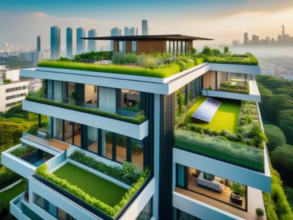 Edificio sostenible: armonía moderna y natural Un edificio residencial moderno y sostenible con paneles solares, jardín en la azotea y vegetación