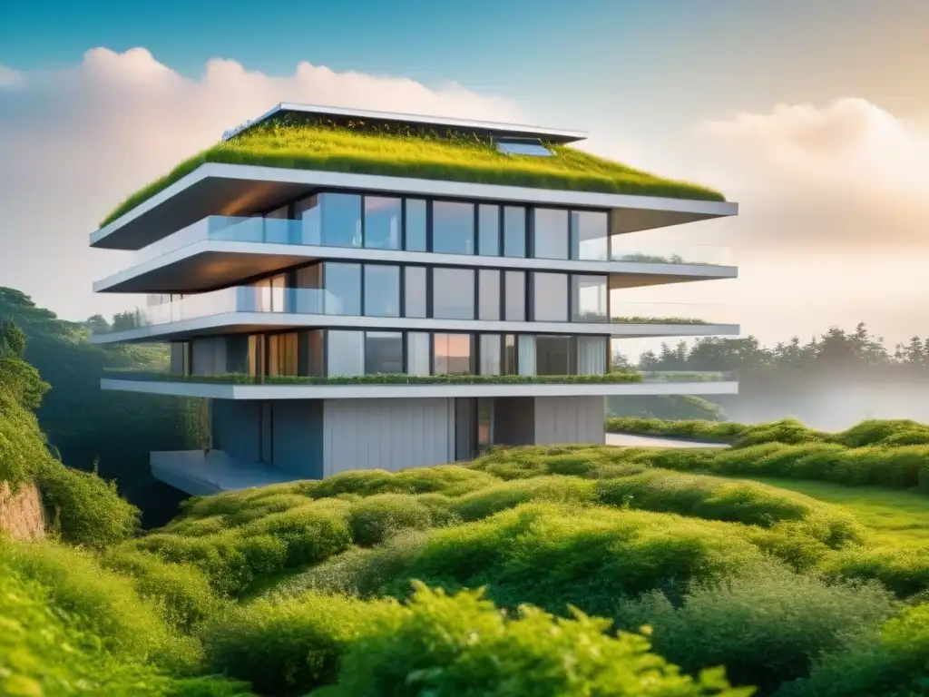 Edificio residencial sostenible del futuro Edificio residencial sostenible con energías renovables, diseño futurista y moderno, rodeado de naturaleza