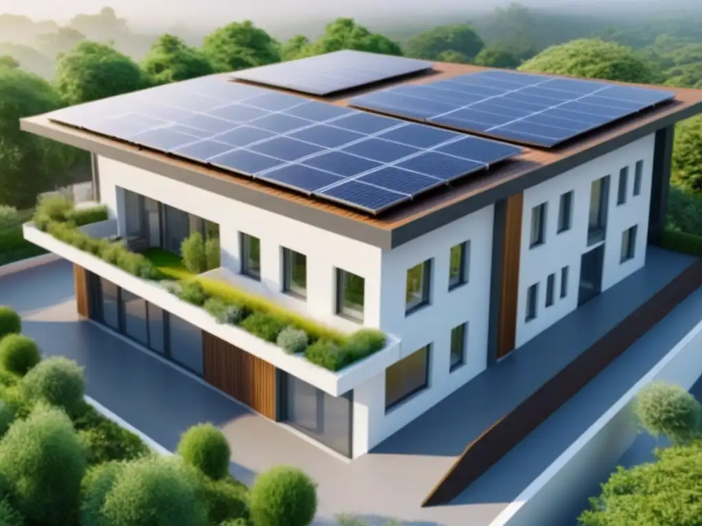 Edificio residencial sostenible con paneles solares y diseño ecoamigable Edificio residencial sostenible con paneles solares, rodeado de vegetación y sistemas de ahorro de agua