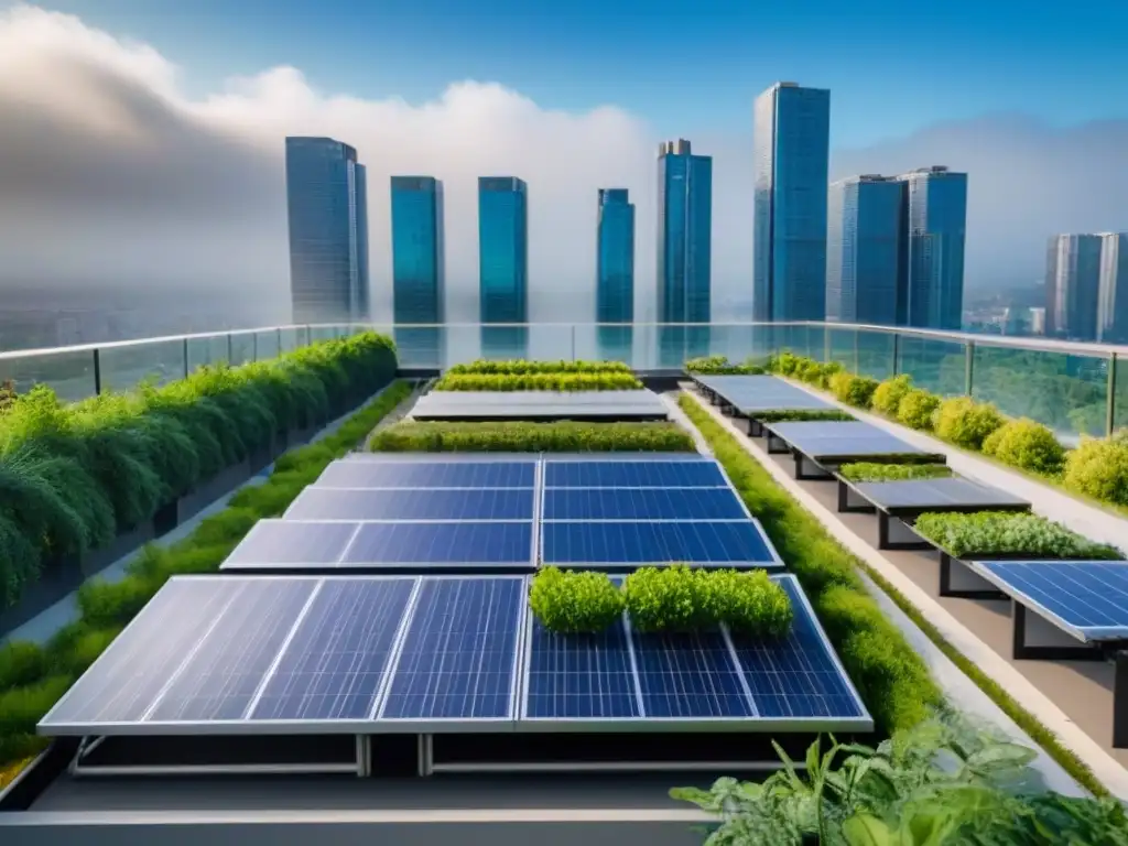 Edificio sostenible con jardín en la azotea y paneles solares Edificio sostenible con jardín en la azotea y paneles solares, rodeado de vegetación, ideal para seguros para financiamiento inmobiliario