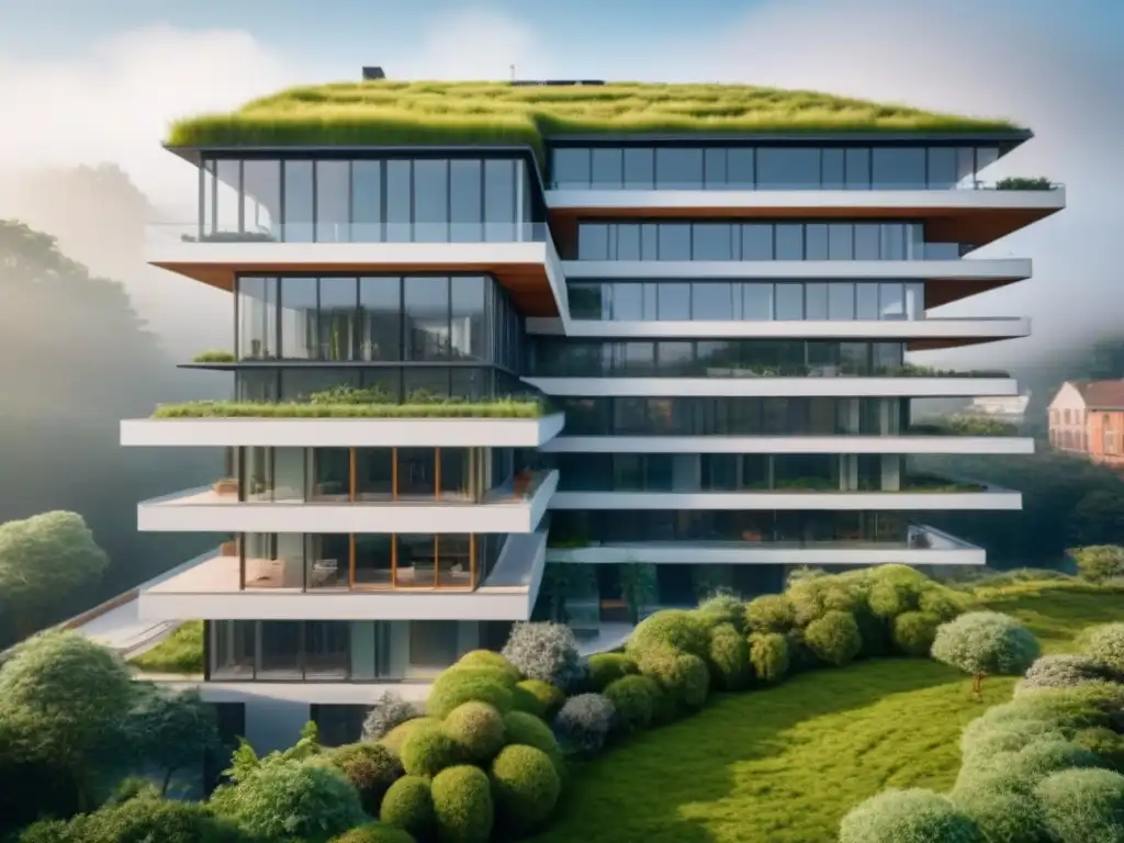 Edificio sostenible: diseño moderno y ecoamigable en entorno urbano Edificio sostenible con beneficios para el mercado inmobiliario, diseño moderno, paneles solares y jardines verdes en entorno urbano