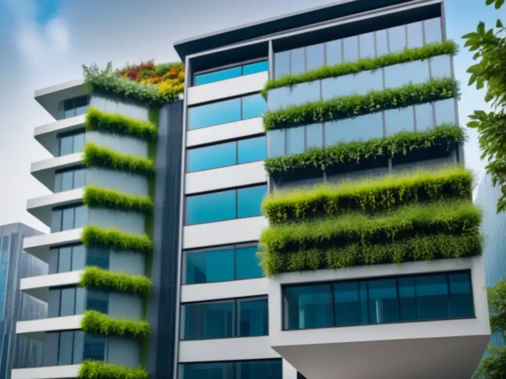 Edificio sostenible con diseño moderno y elementos verdes Un edificio sostenible con diseño moderno, integrando elementos verdes como muros vivos, paneles solares y sistemas de recolección de agua de lluvia