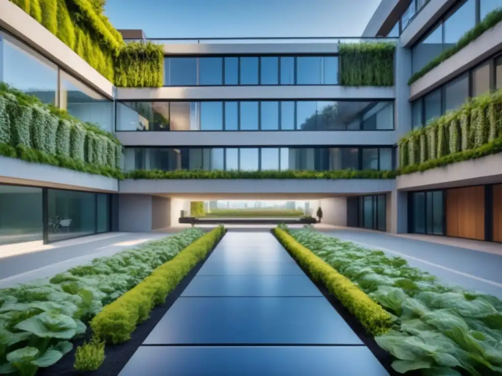Edificio sostenible: diseño ecofriendly en entorno urbano Edificio sostenible en entorno urbano con paneles solares, jardines verticales y sistemas eficientes de agua