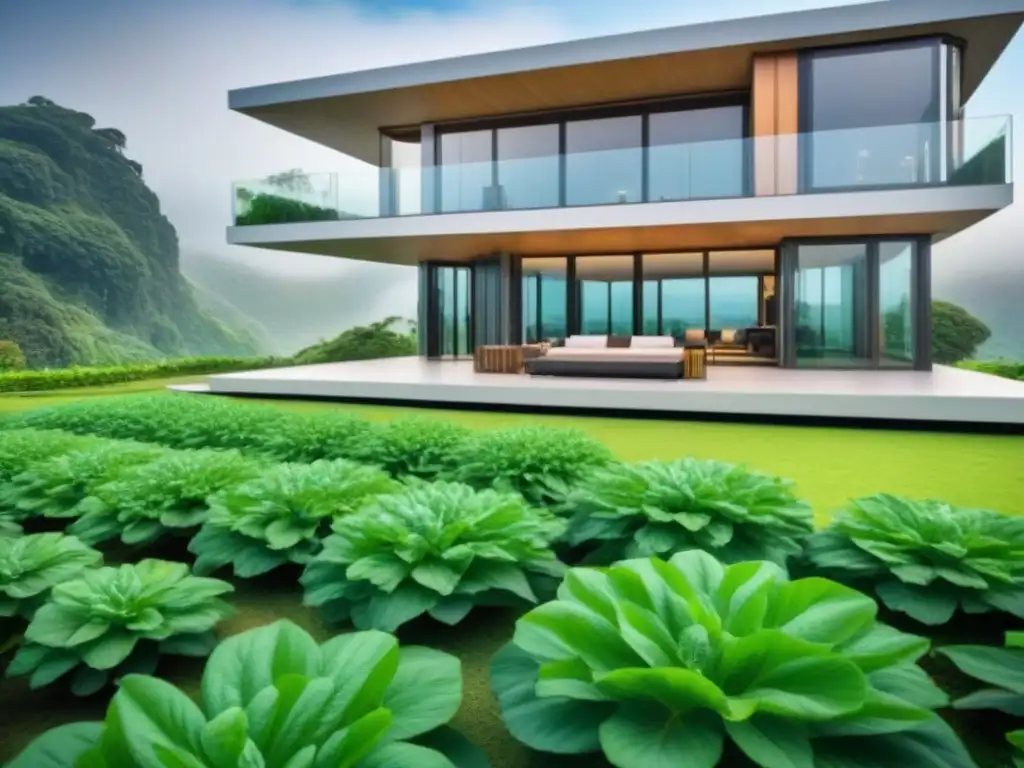 Diseño sostenible: edificio futurista en 8k Edificio sostenible futurista con diseño innovador rodeado de vegetación exuberante