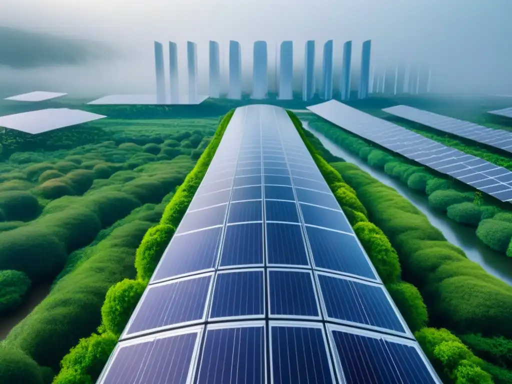 Rascacielos futurista y sostenible con vegetación exuberante Edificio sostenible futurista con vegetación, paneles solares y turbinas eólicas