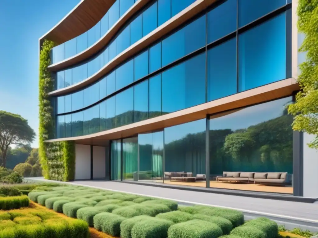 Edificio futurista sostenible con paneles solares y vegetación Un edificio sostenible futurista con paneles solares y vegetación, ejemplificando los beneficios de la inversión en edificaciones sostenibles