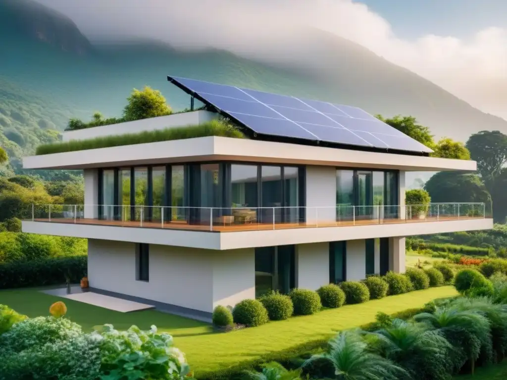 Edificio sostenible del futuro: innovación y colaboración Un edificio sostenible futurista rodeado de vegetación, con paneles solares brillando y un sistema de recolección de agua de lluvia en acción