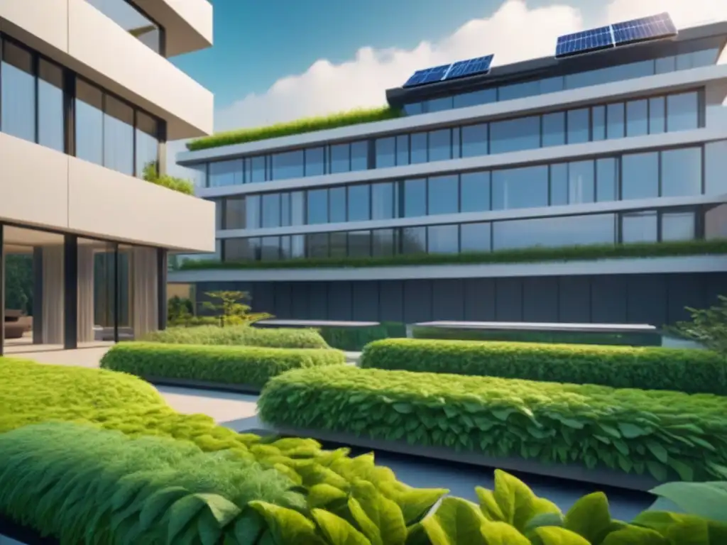 Edificio sostenible: innovación verde en arquitectura ecofriendly Un edificio sostenible moderno rodeado de vegetación, con tecnologías verdes innovadoras