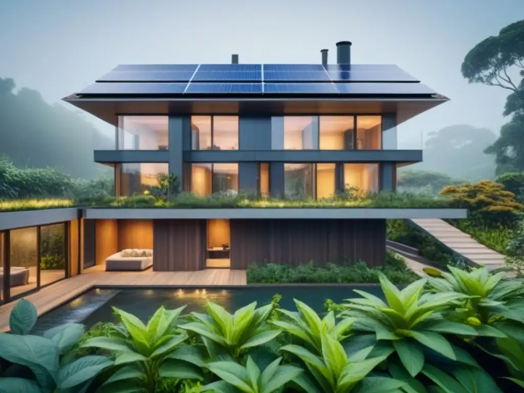 Edificio sustentable: armonía entre naturaleza y diseño urbano Edificio sostenible con jardín nativo, paneles solares y sistema de captación de agua de lluvia
