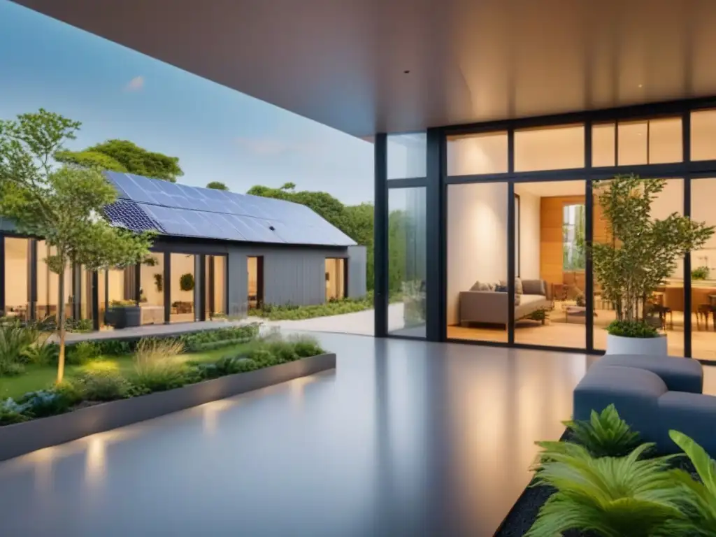 Edificio sostenible con paneles solares y diseño moderno Un edificio sostenible con paneles solares rodeado de vegetación, diseño moderno y certificación LEED