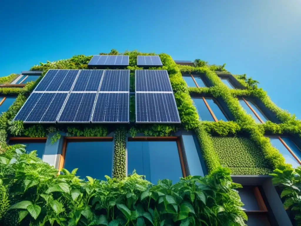 Edificio sostenible: arquitectura moderna en armonía con la naturaleza Edificio sostenible con paneles solares, vegetación y cielo azul