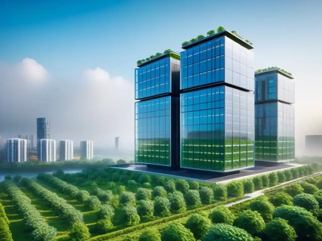 Rascacielos futurista sostenible integrado en paisaje urbano verde Edificio sostenible con paneles solares y jardines en su techo, simbolizando beneficios edificaciones sostenibles financiamiento