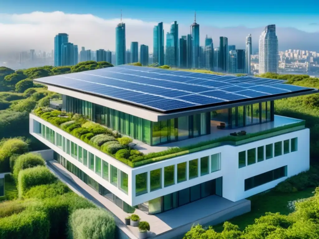 Edificio sostenible: arquitectura ecofriendly en la ciudad Edificio sostenible con paneles solares y jardines en techo, rodeado de vegetación