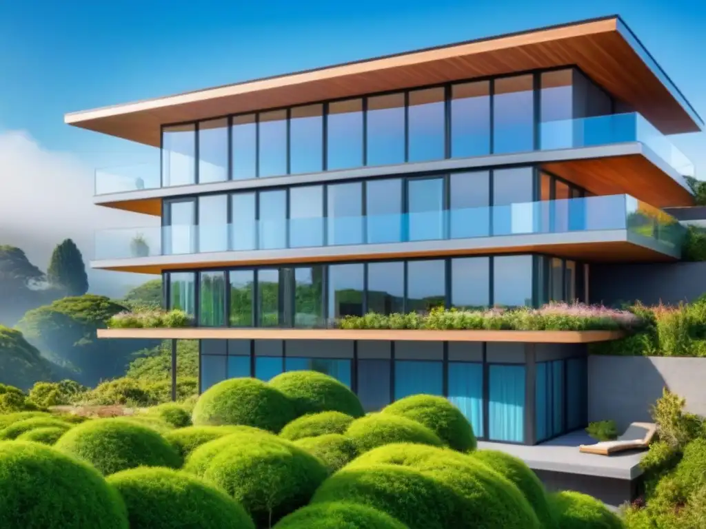 Diseño sostenible: edificio verde con paneles solares y techos verdes Edificio sostenible con paneles solares, techos verdes y ventanas amplias, rodeado de naturaleza