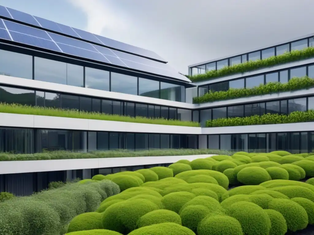 Edificio sostenible: diseño moderno rodeado de naturaleza Edificio sostenible con paneles solares, rodeado de naturaleza