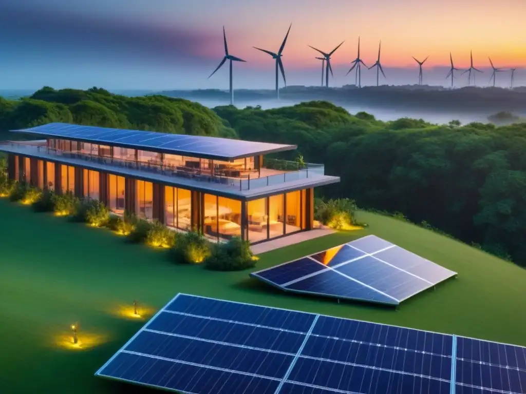 Ecoedificio moderno: armonía solar y sostenible Edificio sostenible con paneles solares, rodeado de naturaleza y molinos de viento al atardecer