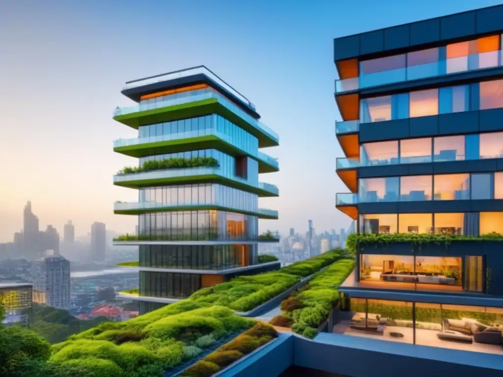 Edificio sostenible: arquitectura moderna en la ciudad Edificio sostenible con paneles solares y jardines, integrado en la ciudad