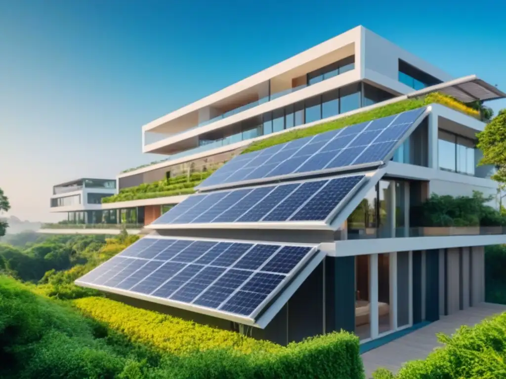 Edificio sostenible con paneles solares y naturaleza exuberante Un edificio sostenible con paneles solares rodeado de vegetación, bajo cielos azules, muestra los Beneficios préstamos inmobiliarios sostenibles