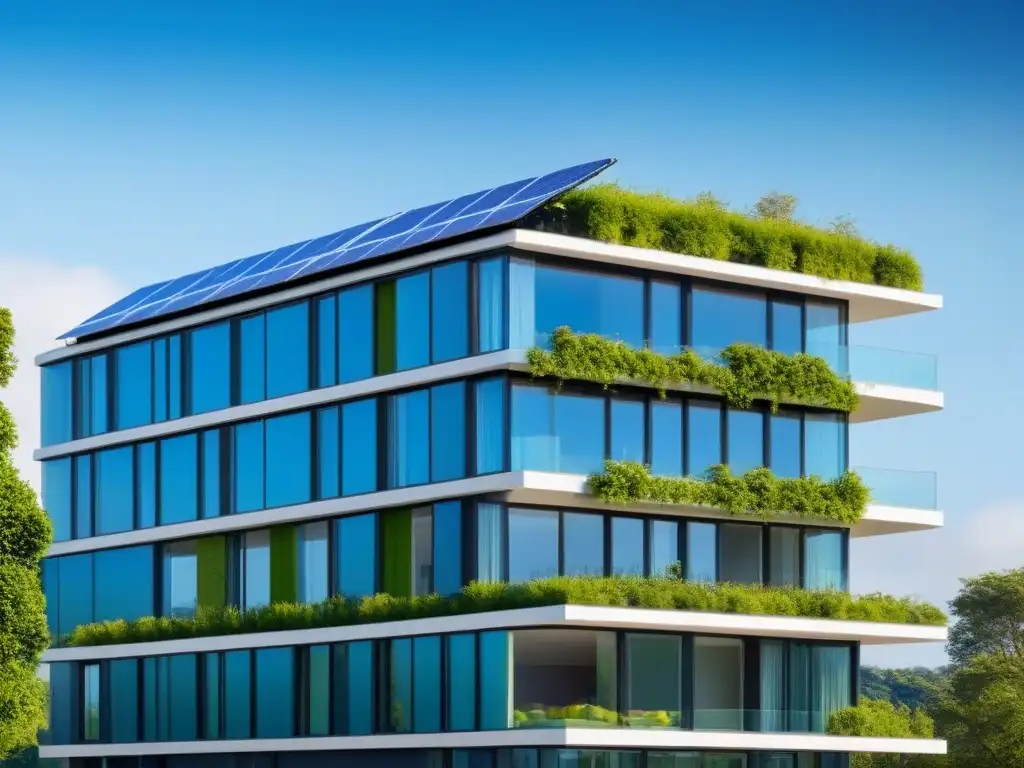 Edificio sostenible: diseño moderno y ecoamigable Un edificio sostenible con paneles solares, muros verdes y diseño moderno